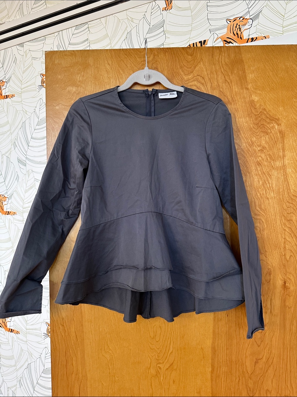 Layered Peplum Long-Sleeve Blouse in Charcoal Gray
